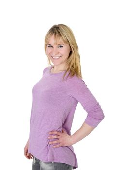 happy young blond woman against white background
