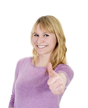 beautiful young blond woman shows thumb up