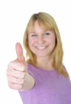 beautiful young blond woman shows thumb up