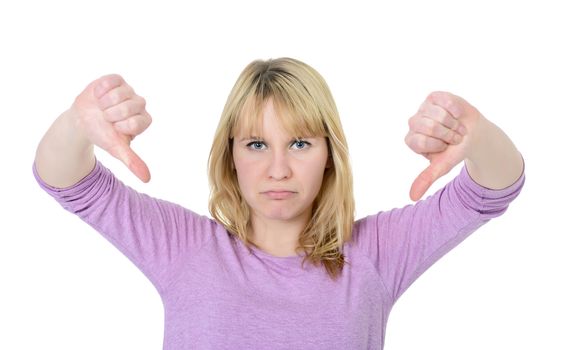 woman shows thumbs down