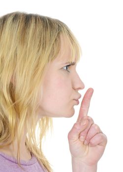 young blond woman gesturing hush