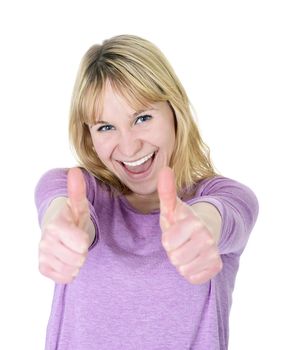  beautiful young blond woman shows thumbs up