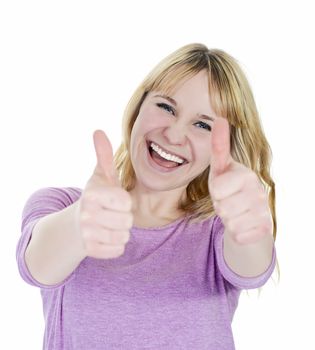beautiful young blond woman shows thumbs up