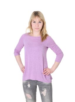 happy young blond woman against white background