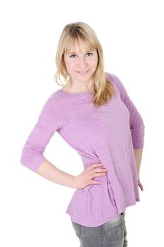happy young blond woman against white background