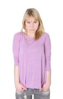 young blond woman against white background