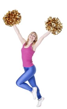  laughing young blond cheerleader rejoicing