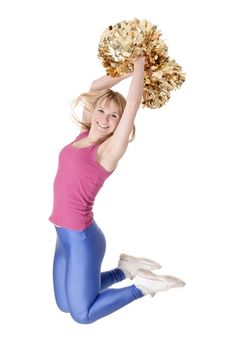 laughing young blond cheerleader jumping