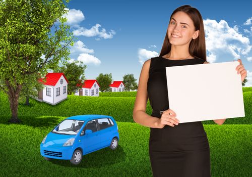 Businesswoman hold white paper. Blue car, landscape and houses as backdrop