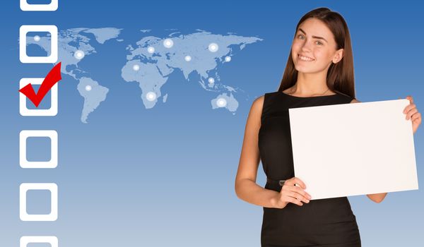 Businesswoman hold white paper. Checkboxes and world map as backdrop