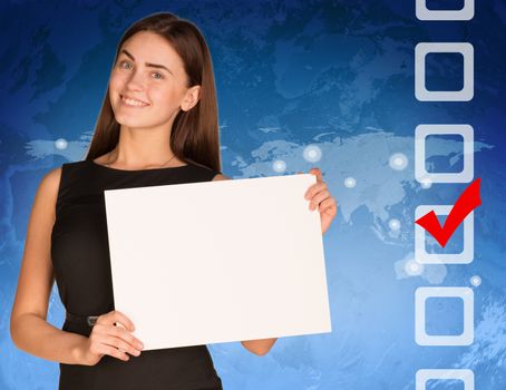 Businesswoman hold white paper. Checkboxes and world map as backdrop