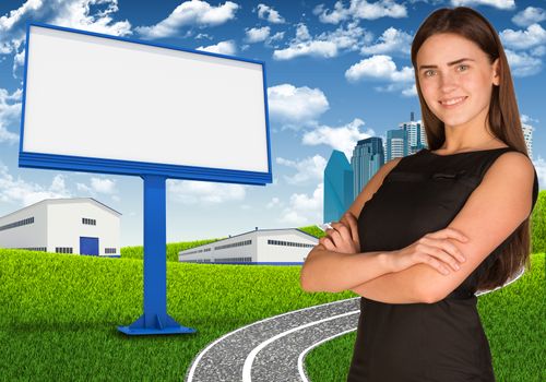 Businesswoman with blank billboard, road, skyscrapers and industrial area as backdrop