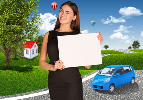 Businesswoman holding paper sheet. Small car, houses and trees as backdrop