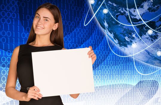 Businesswoman holding paper sheet. Glowing figures and Earth as backdrop. Elements of this image are furnished by NASA