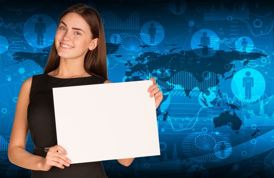 Businesswoman holding paper sheet. World map with contacts as backdrop