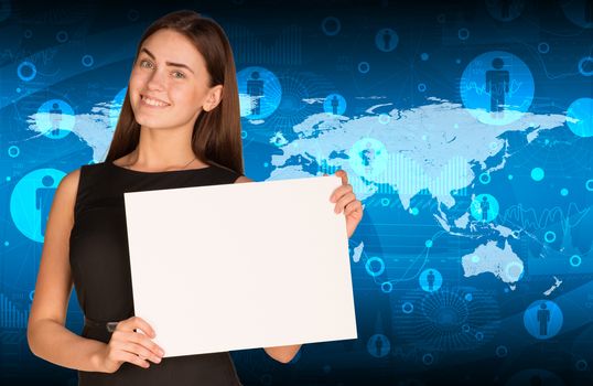 Businesswoman holding paper sheet. World map with contacts as backdrop