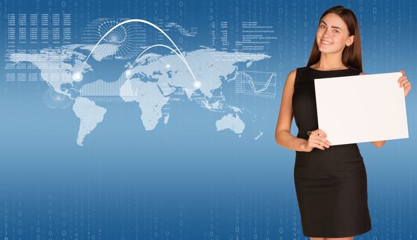 Businesswoman hold paper sheet. World map with graphs as backdrop