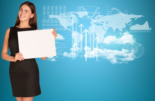 Businesswoman holding paper sheet. World map, clouds, and graphs as backdrop