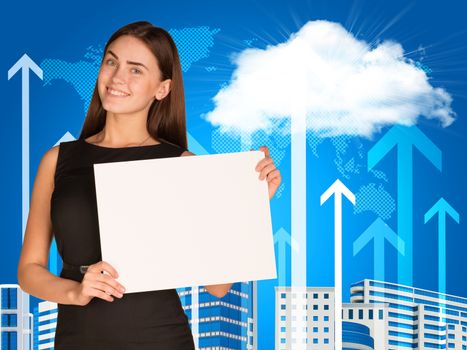 Businesswoman holding paper sheet. Cloud, skyscrapers, arrows and world map as backdrop