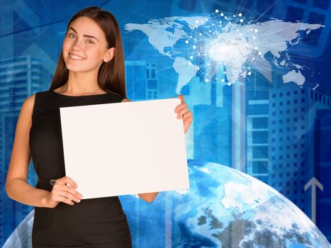 Businesswoman holding paper sheet. Earth, skyscrapers and world map. Elements of this image are furnished by NASA