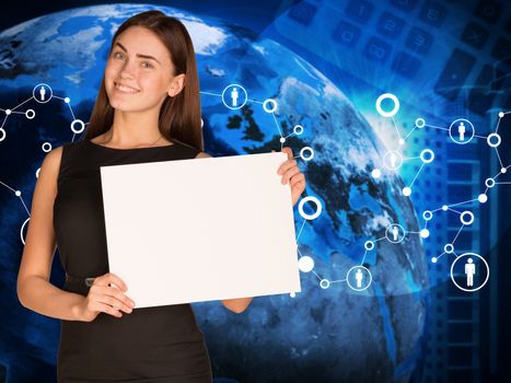 Businesswoman holding paper sheet. Earth, skyscrapers and network. Elements of this image are furnished by NASA