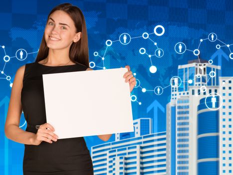 Businesswoman holding paper sheet. Skyscrapers with network, world map and arrows as backdrop