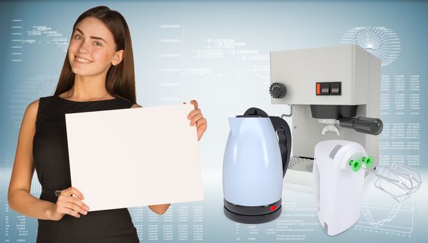 Businesswoman hold white paper. Coffee machine, kettle and blender