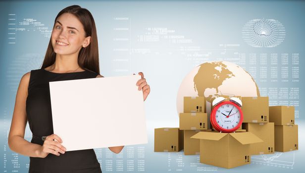 Businesswoman hold white paper. Earth, alarm clock, cardboard boxes as backdrop