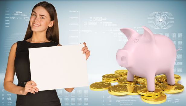 Businesswoman hold white paper. Piggy bank with gold coins. Graphs and texts as backdrop