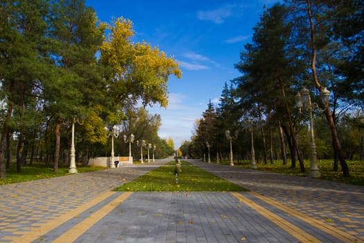 Autumn city park. Green grass, yellow foliage and blue sky - Stock Photo