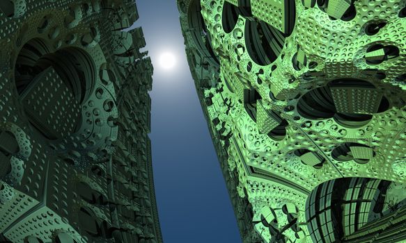 Alien building abstract fractal with a sun. Science fiction design.