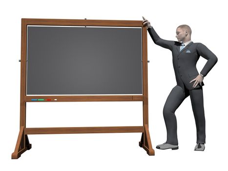 Businessman standing next to blank blackboard in white background - 3D render