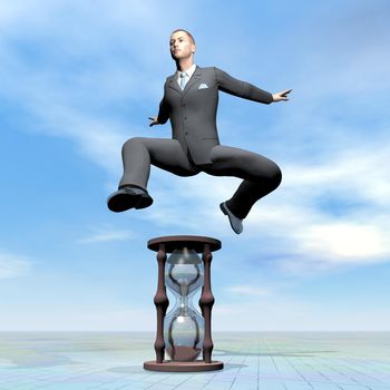 Businessman jumping upon hourglass by beautiful day - 3D render