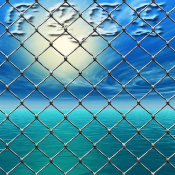 An illustration for freedom. A link fence over a sunny sky and sea.