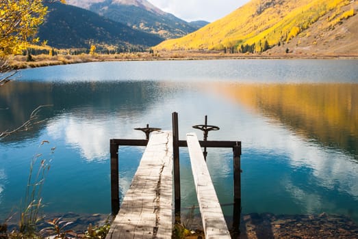 Reflections of Fall on mountain lake in Colorado