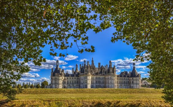 The famous Chambord Castle located in the Loire Valley, in a summer day, framed by beautiful green trees from the hunting ground where it was built.HDR image.