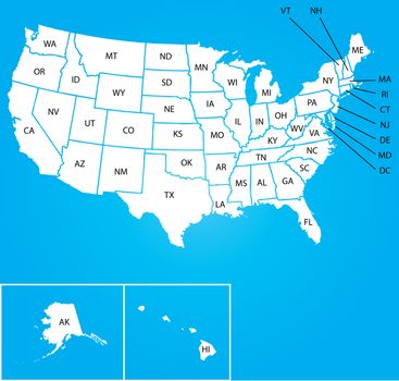 An Illustration of Map of the USA with name of each states