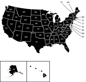 An Illustration of Map of the USA with name of each states