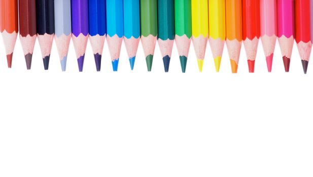 Border of Multicolored Pencils isolated on white background