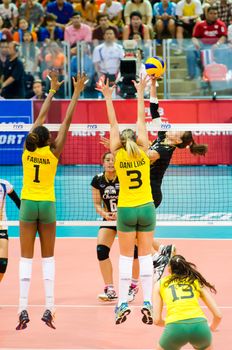 BANGKOK - AUGUST 17: Wilavan Apinyapong of Thailand Volleyball Team in action during The Volleyball World Grand Prix 2014 at Indoor Stadium Huamark on August 17, 2014 in Bangkok, Thailand.