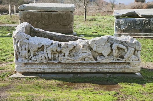 Ancient sarcophagus in an old town of Ephesus, Turkey