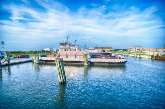 Hatteras, NC, USA - August 8, 2014 :  ferry transport boat at cape hatteras outer banks