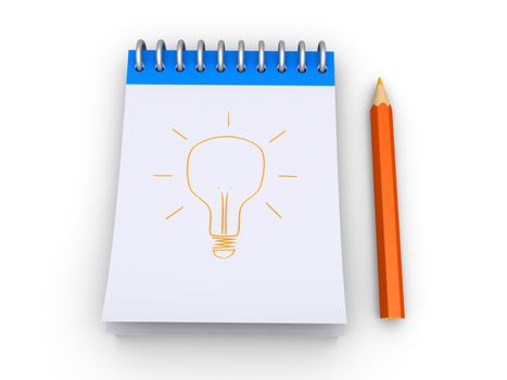 3d notepad with a light bulb drawn to it and a pencil