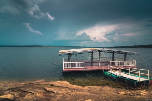 Water and sky in  the Reservoir embankment Sirinthorn Ubonratchatani Thailand vintage