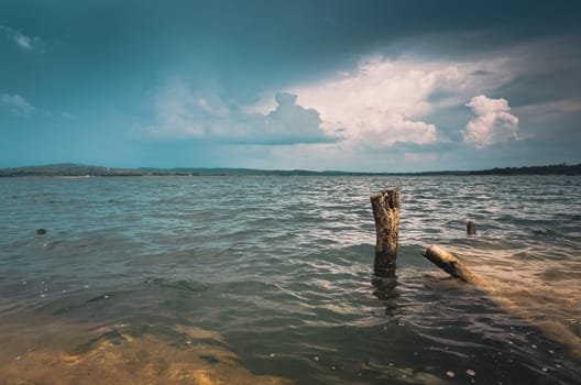 Water and sky in  the Reservoir embankment Sirinthorn Ubonratchatani Thailand vintage