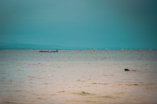 Water and sky in  the Reservoir embankment Sirinthorn Ubonratchatani Thailand vintage