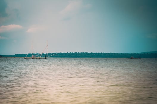 Water and sky in  the Reservoir embankment Sirinthorn Ubonratchatani Thailand vintage