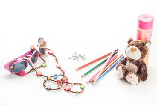 colorful little girl accessories, necklace, hairpins, pencils