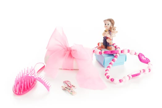 little girl beauty fashion pink accessories, necklace, comb, soap