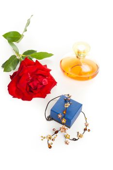 fashion necklace with box, perfume bottle and red rose